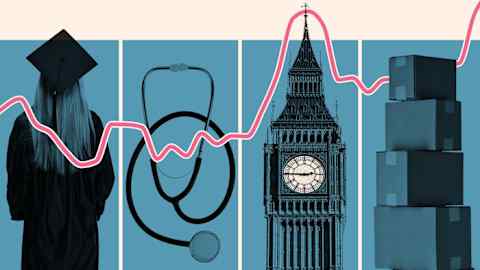 Montage shows a student, a doctor’s stethoscope, the Big Ben clocktower and some boxes awaiting shipping