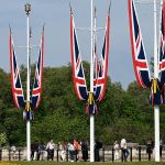 Tourists outside Buckingham Palace in St James's Park, London, England, 2025.