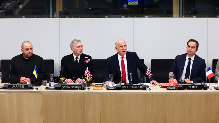 Rustem Umerov, Tony Radakin, John Healey and Sebastien Lecornu during the Coalition of the Willing meeting in Brussels.
Pic: Reuters