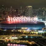 HONG KONG, CHINA - MARCH 30: General view the stadium as fireworks are set off after women's team New Zealand and men's team Argentina win the cup finals during the HSBC Hong Kong Sevens at Kai Tak Stadium on March 30, 2025 in Hong Kong, China. (Photo by Sean Chiu/Eurasia Sport Images/Getty Images)