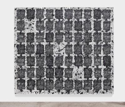 A painting featuring rows of scrawled faces.