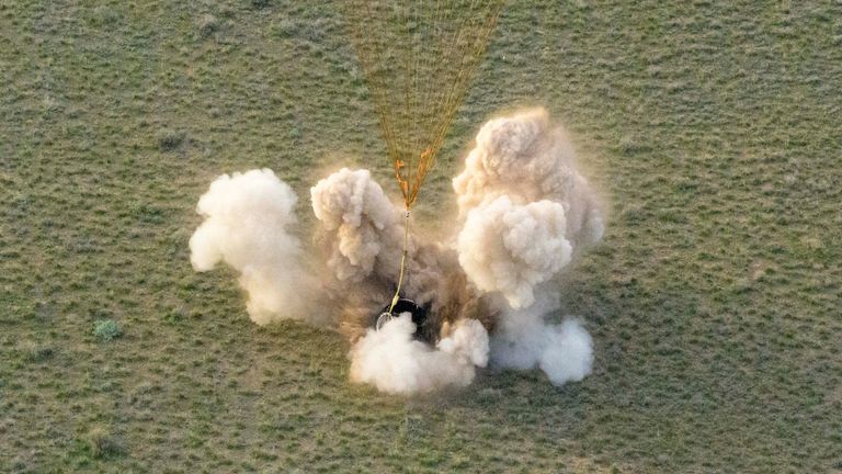 The Soyuz MS-26 spacecraft lands in Kazakhstan. Pic: AP