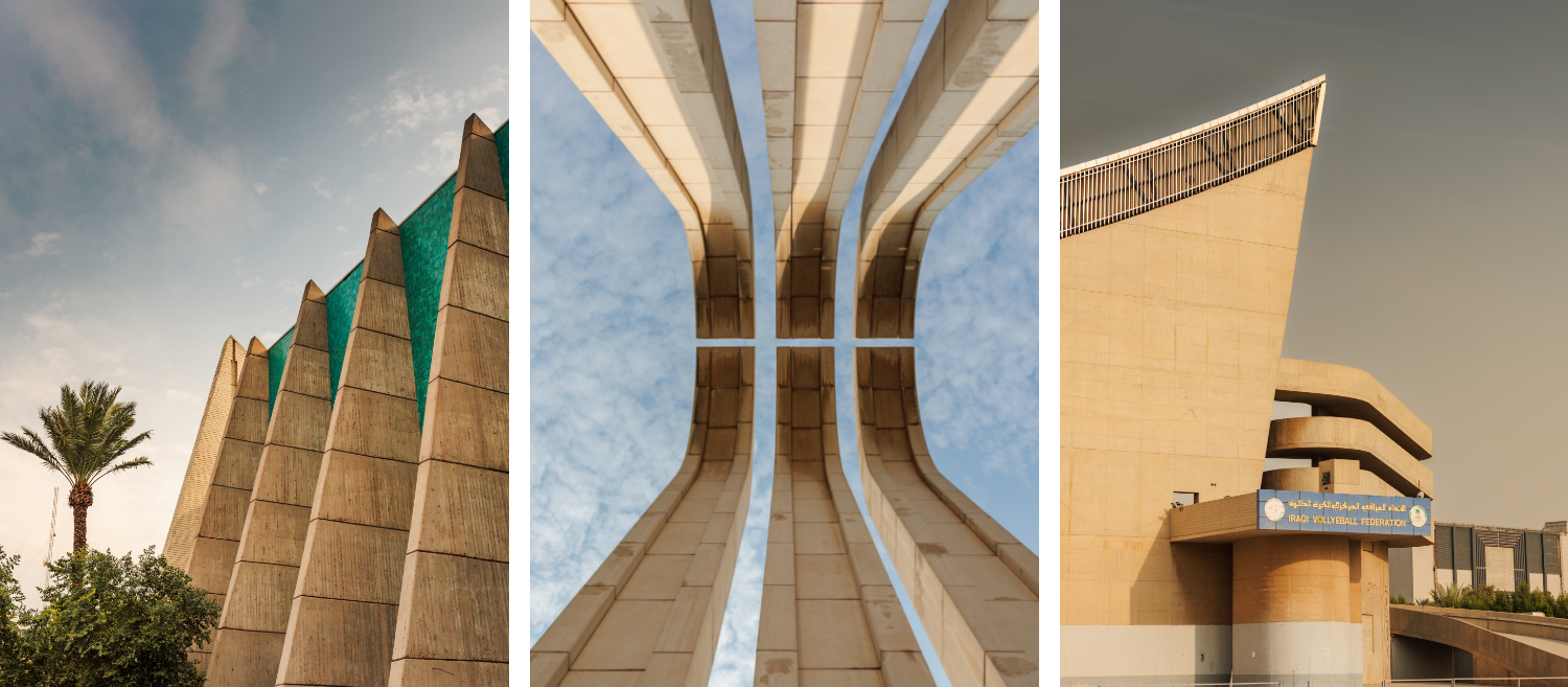 A panel of three photos show modern, brutalist architectural details: white concrete buttresses on a green building, three white concrete arches seen from below, and an arcing pointed roof of a concrete building.