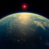 This artist's impression depicts what a water world with a hydrogen atmosphere, such as planet K2-18b, might look like.