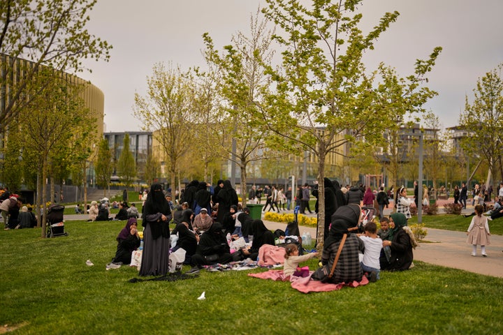 People gather outdoors following an earthquake shock with a preliminary magnitude of 6.2, in Istanbul, Turkey, on April 23, 2025.