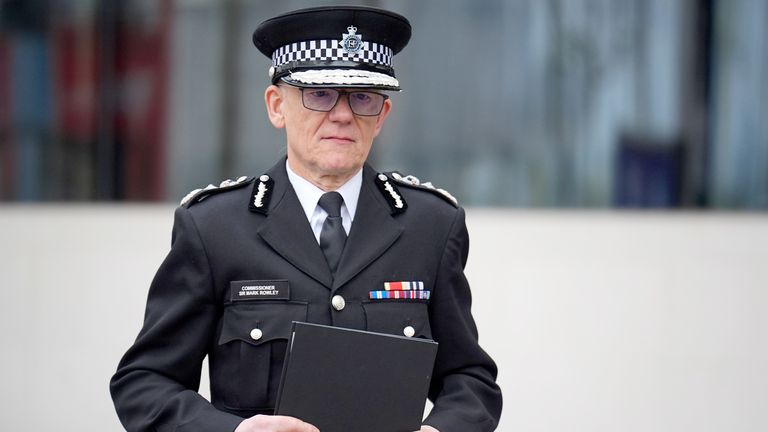 Metropolitan Police Commissioner Sir Mark Rowley arrives to make a statement outside New Scotland Yard.
Pic: PA