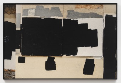 An abstract painting with various collaged elements. 