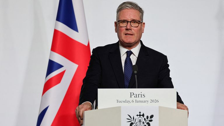 Keir Starmer addresses the media following a summit of the Coalition of the Willing in Paris. Pic: Reuters