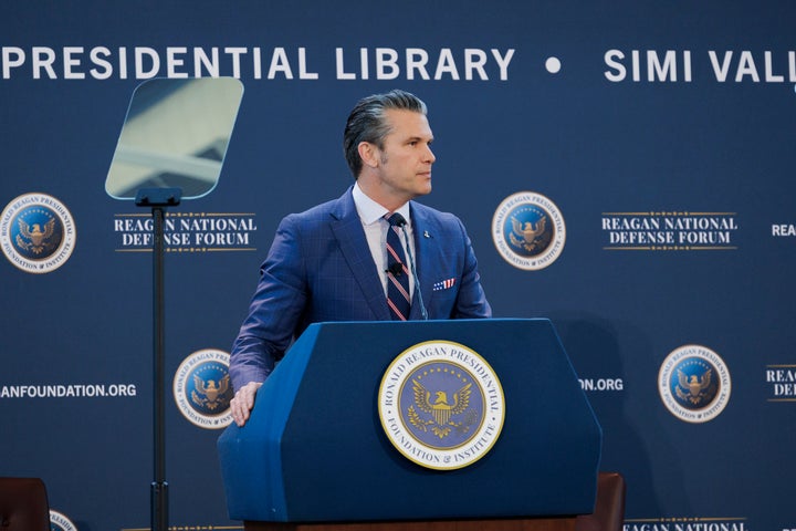 SIMI VALLEY, CALIFORNIA - DECEMBER 6: Secretary of War Pete Hegseth gives a speech at the Reagan National Defense Forum on December 6, 2025, at the Ronald Reagan Presidential Library in Simi Valley, California. Hegseth spoke about creating “peace through strength,” and emphasized the need to have a prepared military that would deter aggression from adversaries. (Photo by Caylo Seals/Getty Images)