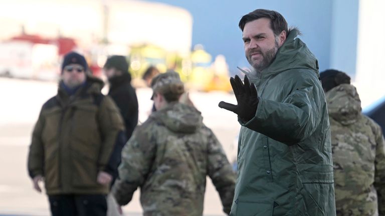 Vice President JD Vance arrives at Pituffik Space Base in Greenland. Pic: AP