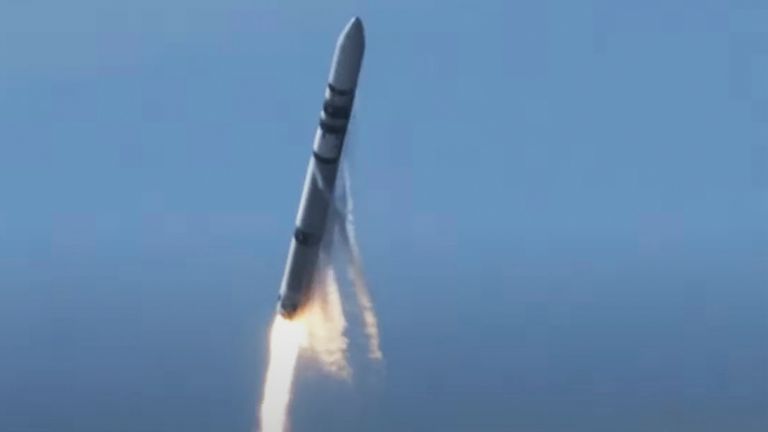 In this photo taken from video provided by Isar Aerospace, Photo Wingmen Media, Isar Aerospace test rocket "Spectrum" felling back down after the launch at Andoya Spaceport in Nordmela, on And..ya island, Norway, Sunday, March 30, 2025. (Isar Aerospace, Photo Wingmen Media via AP)