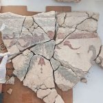 A gloved hand holds a metal instrument over several fragments of a mural painting dating to the second century.