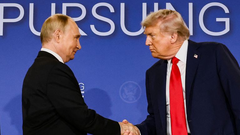 Donald Trump and Vladimir Putin after their private meeting in Alaska. Pic: Reuters/ Kevin Lamarque