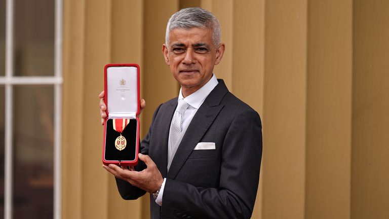 The Right Honourable Sir Sadiq Khan after receiving the Honour of Knighthood during an Investiture ceremony.
Pic: PA