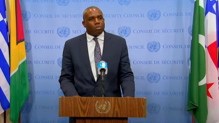 David Lammy speaks to the press after his speech at the United Nations.