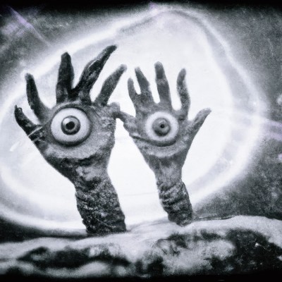 Two clay-like hands with six fingers and eyes in their palm, in a vintage square photograph.