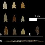 A selection of recovered artifacts from the River Bend site in Casper, Wyoming. Figure (a) projectile points; (b) iron arrow point; and (c) iron awl.