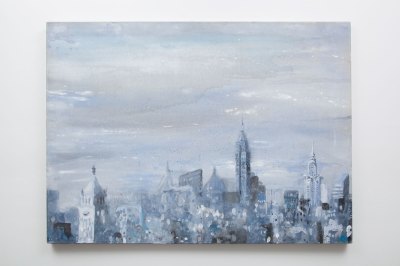 A painting of the New York cityscape on a blue wintry morning.