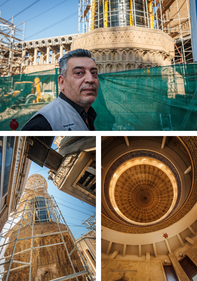 A grid of three photos. Top: A man in front of a mosque under construction. Bottom left: Scaffolding around a minaret spire. Bottom right: the domed ceiling of the minaret's interior.