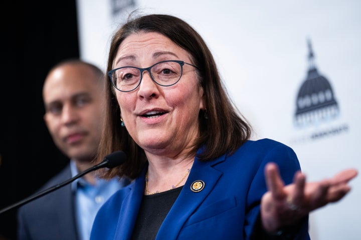 Rep. Suzan DelBene, D-Wash., chair of the Democratic Congressional Campaign Committee, speaks during a news conference with caucus leadership during the House Democrats 2025 Issues Conference at the Lansdowne Resort in Leesburg, Va., on Wednesday, March 12, 2025. House Minority Leader Hakeem Jeffries, D-N.Y., also appears.