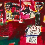 A punchy hot pink and maroon picture by Jean-Michel Basquiat