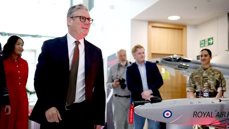 Keir Starmer arrives to visit to a defence contractor in Bedfordshire.
Pic: Reuters
