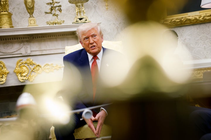 U.S. President Donald Trump speaks during a meeting with Israeli Prime Minister Benjamin Netanyahu in the Oval Office of the White House on April 7, 2025 in Washington, DC. (Photo by Kevin Dietsch/Getty Images)