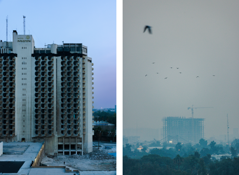 Two photos, one showing the high-rise tower of the Palestine Hotel. Left: Birds fly across a hazy sky with a tall building under construction on the horizon.