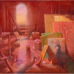 A pink-toned painting of peacocks standing among paintings of nude women piled together.