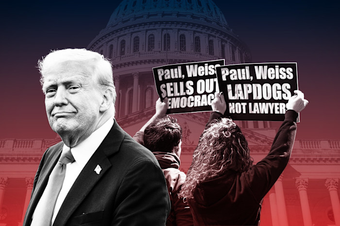 Montage image of Donald Trump, the Capitol and activists protesting against Paul Weiss’s deal with the president