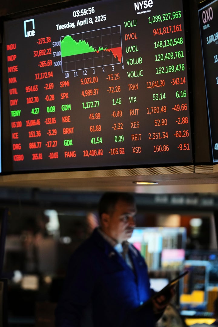 An electronic display show financial information on the floor at the New York Stock Exchange in New York, Tuesday, April 8, 2025. (AP Photo/Seth Wenig)