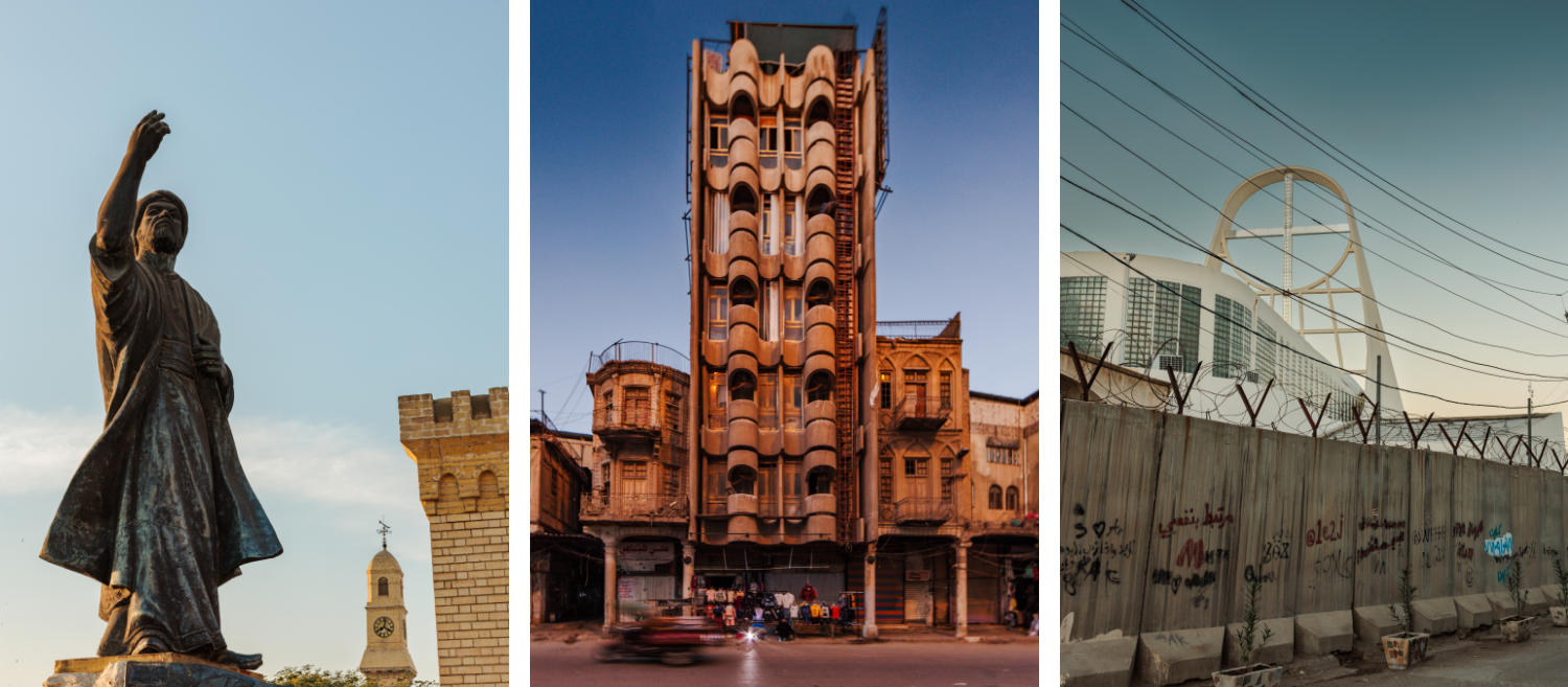 A panel of three photos. Left: A statue gestures with outstretched hand in front of a clock tower in the distance. Middle: The wavy midcentury facade of a multi story building. Right: A wire-topped concrete wall and wires in front of a cathedral.