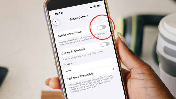 Toggling off "Full-Screen Previews" makes taking and saving screenshots seamless once more.