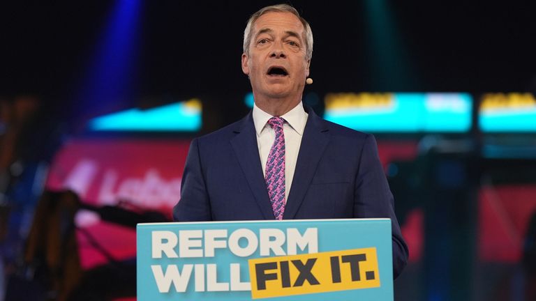 Nigel Farage speaks during the Reform UK local election launch rally. Pic: PA
