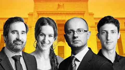 Montage of Andrew Whiffin, Elettra Ardissino, Chris Giles and Joel Suss with the Federal Reserve