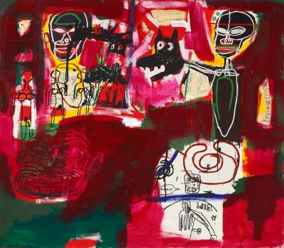 A punchy hot pink and maroon picture by Jean-Michel Basquiat