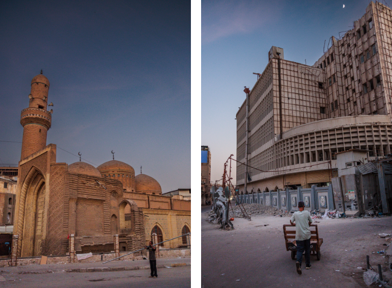Two photos: one of a construction worker carrying a pole past a mosque at dusk, another of a worker pushing a cart toward a multi-story building.