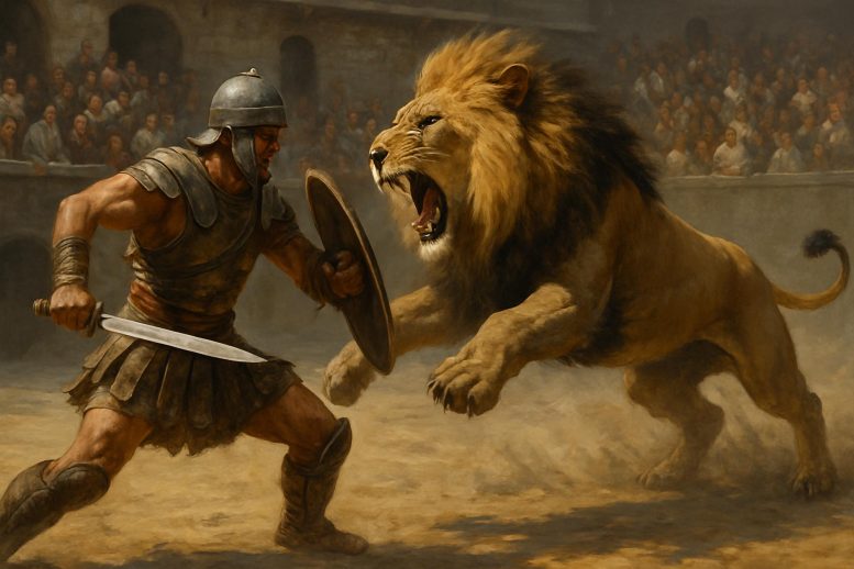 Roman Gladiator Fighting Lion Art Concept