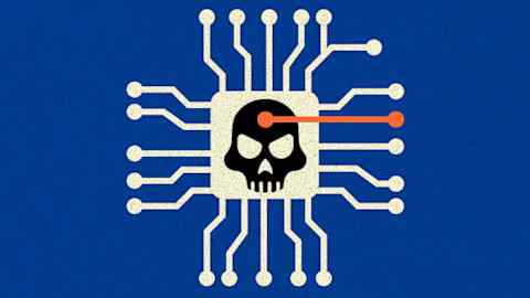 An illustration of a skull on a white square with squiggly lines coming out of it, all on a blue background