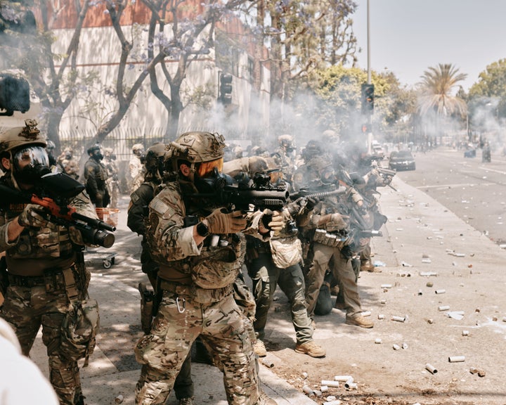 Immigration rights activists and law enforcement clash in downtown Los Angeles and in Paramount, California, on June 7, 2025, following recent raids by Immigration and Customs Enforcement (ICE) and Department of Homeland Security (DHS) agents.