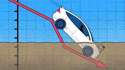 Illustration of a Tesla driving down a sinking red graph line and going into quicksand