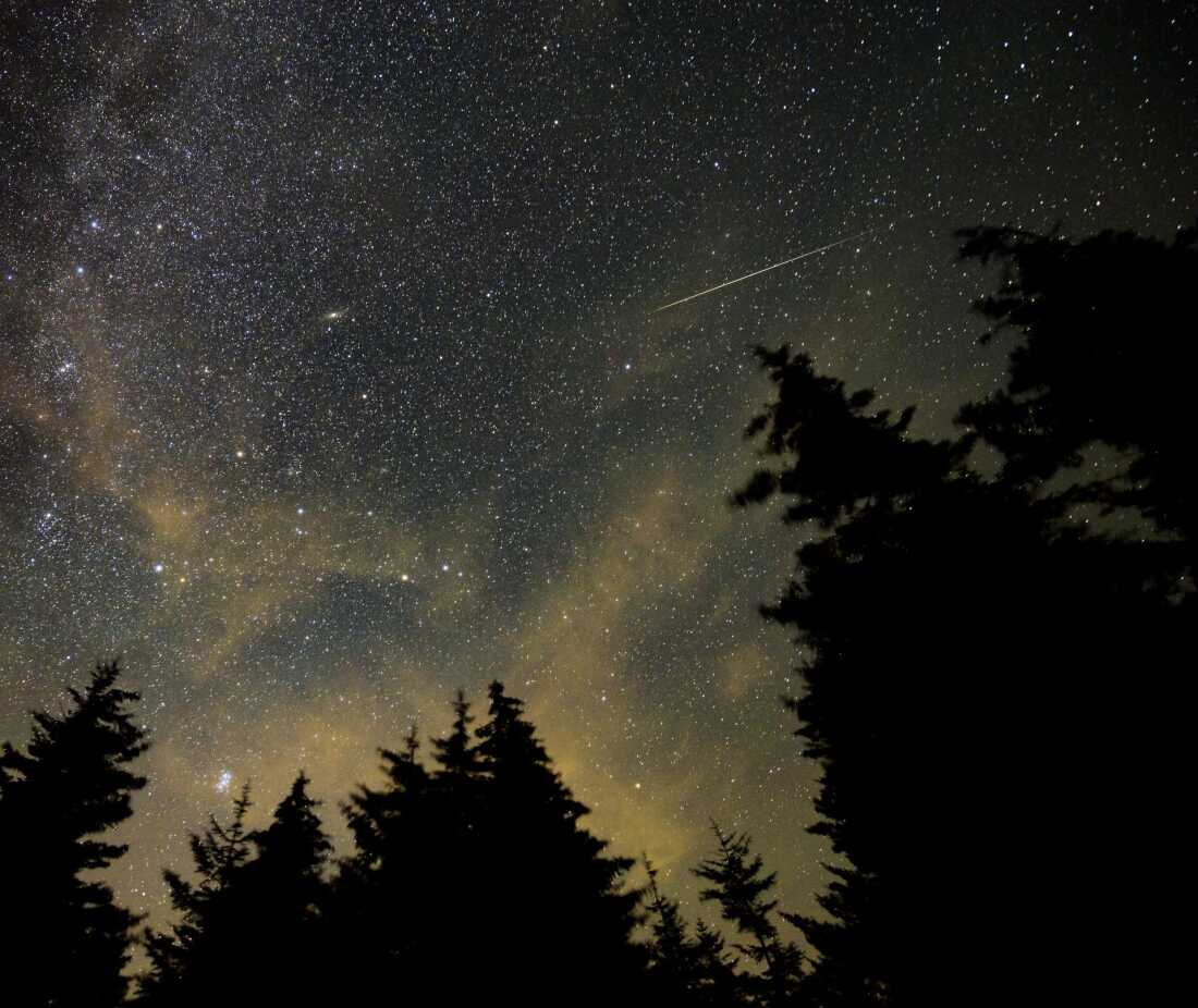 A meteor streaks across the sky during the 2021 Perseid meteor shower.