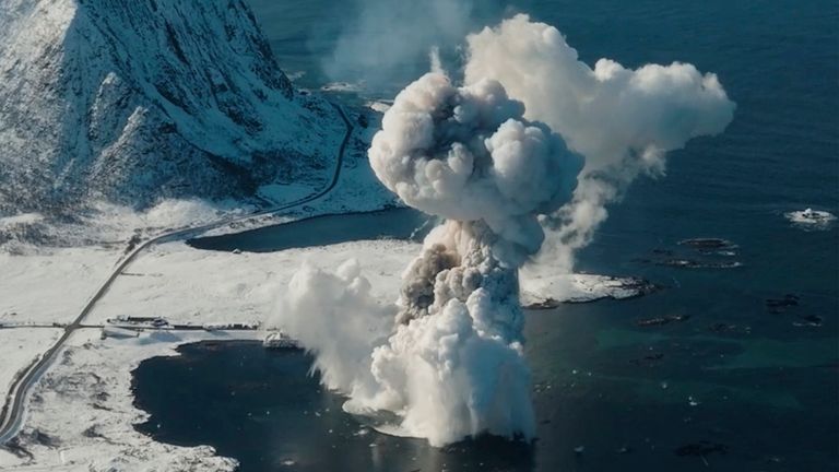 In this photo taken from video provided by Isar Aerospace, Photo Wingmen Media, Isar Aerospace test rocket "Spectrum" explodes felling back down after the launch at Andoya Spaceport in Nordmela, on And..ya island, Norway, Sunday, March 30, 2025. (Isar Aerospace, Photo Wingmen Media via AP)